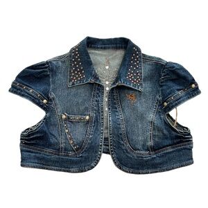 Dark Blue Denim Studded Cropped Jacket